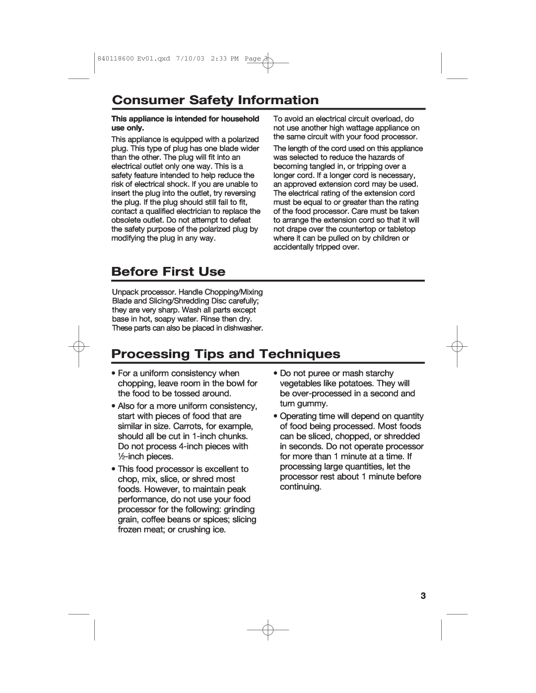 Hamilton Beach 70550RC manual Consumer Safety Information, Before First Use, Processing Tips and Techniques 
