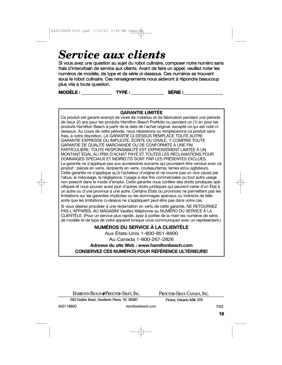 Hamilton Beach 70550RC manual Service aux clients, Numéros Du Service À La Clientèle, Garantie Limitée, Hamilton Beach 