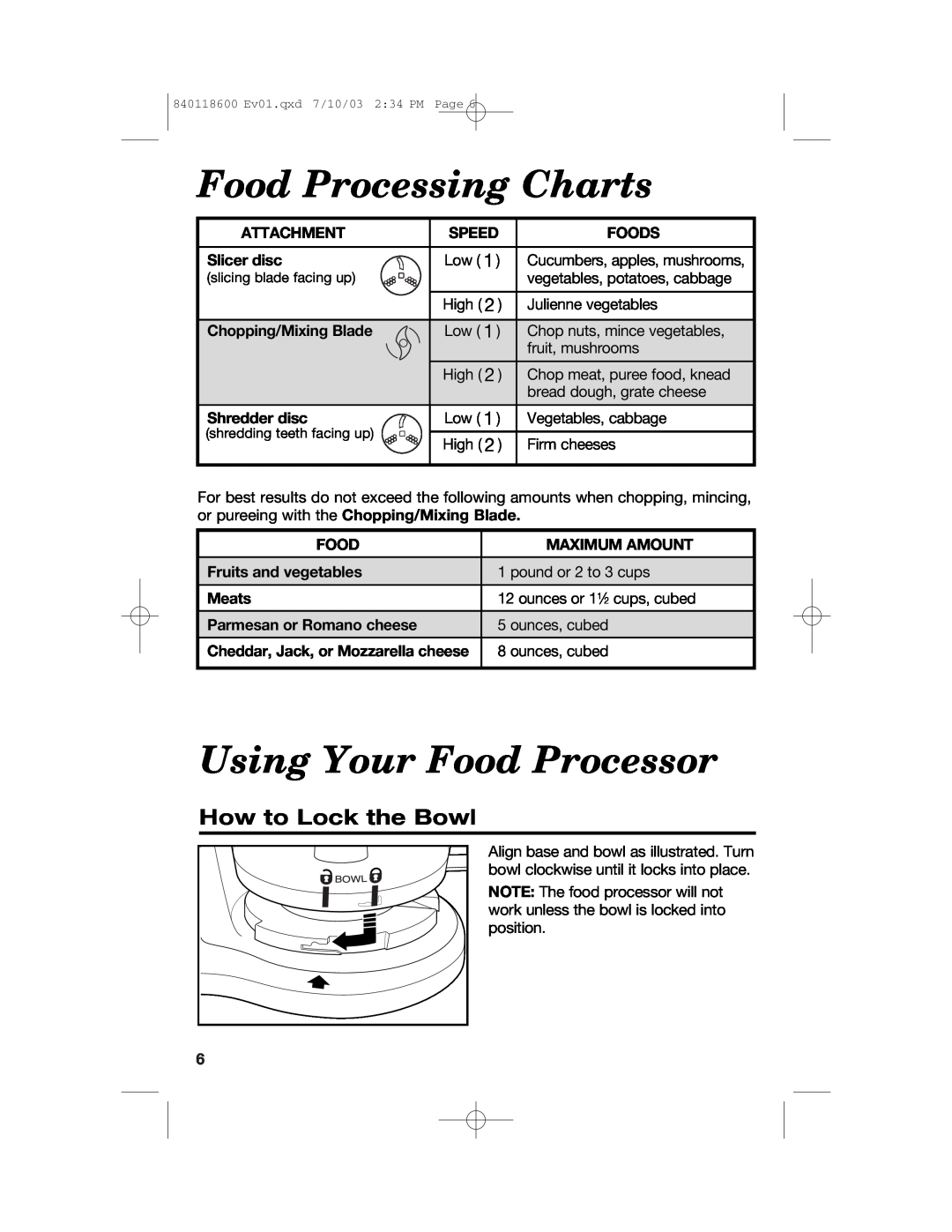 Hamilton Beach 70550RC Food Processing Charts, Using Your Food Processor, How to Lock the Bowl, Attachment, Speed, Foods 