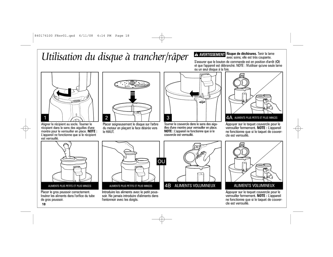 Hamilton Beach 70570C manual Utilisation du disque à trancher/râper 