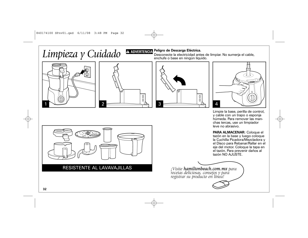 Hamilton Beach 70570C manual Limpieza y Cuidado, Peligro de Descarga Eléctrica 