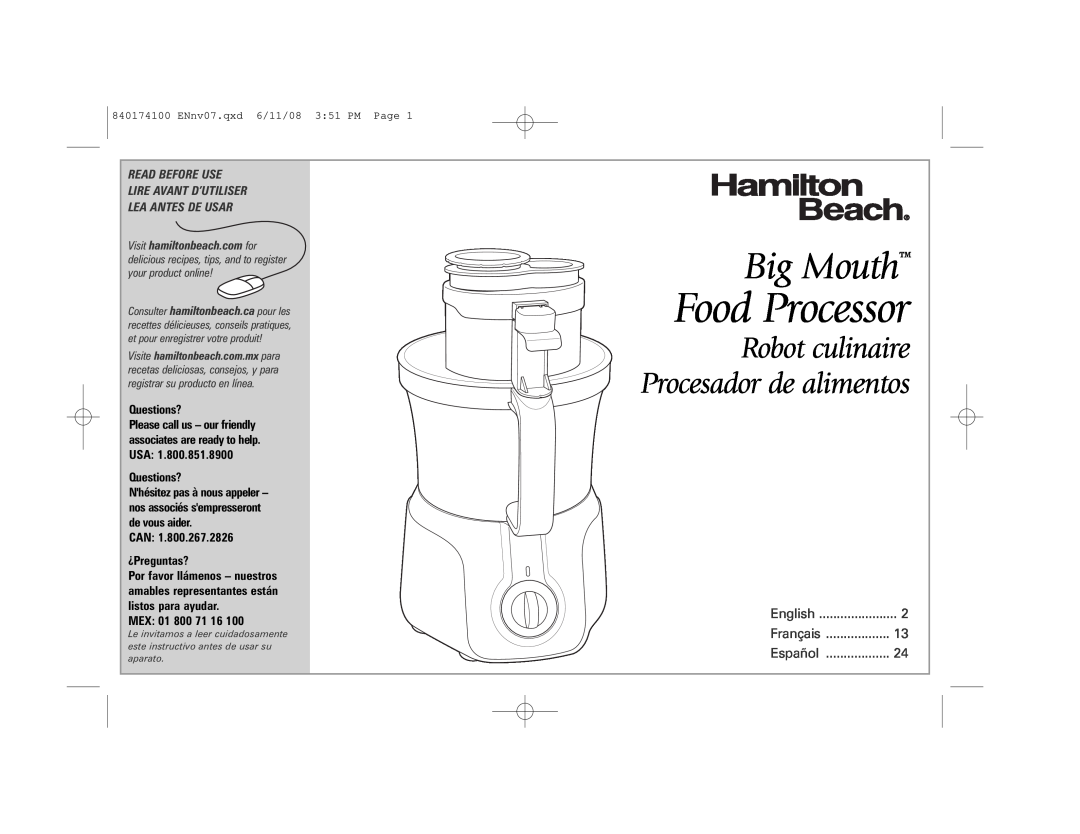 Hamilton Beach 70570C manual Big Mouth, Food Processor, Robot culinaire Procesador de alimentos, Lea Antes De Usar, MEX 01 