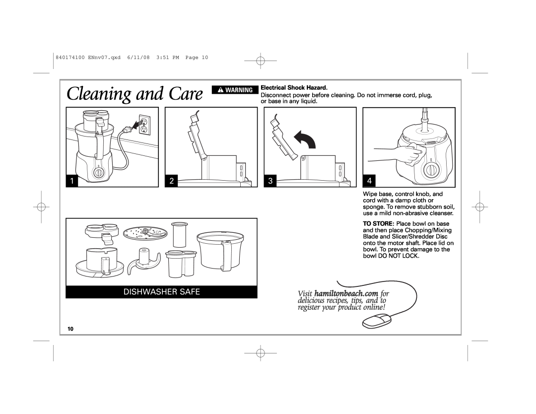 Hamilton Beach 70570C manual Dishwasher Safe, Cleaning and Care, w WARNING, Electrical Shock Hazard 