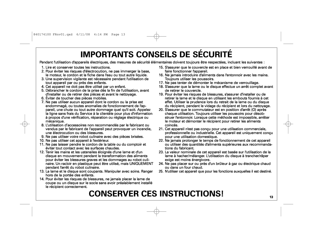 Hamilton Beach 70570C manual Importants Conseils De Sécurité, Conserver Ces Instructions 
