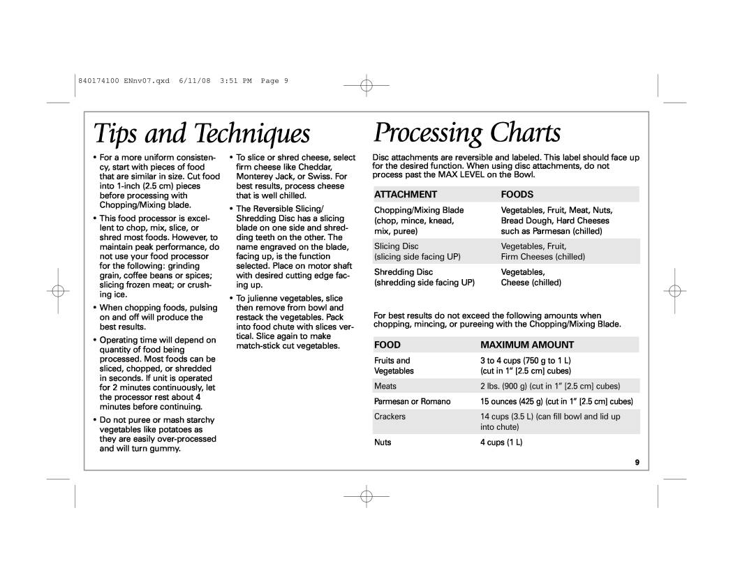 Hamilton Beach 70570C manual Tips and Techniques, Processing Charts, Attachment, Foods, Maximum Amount 
