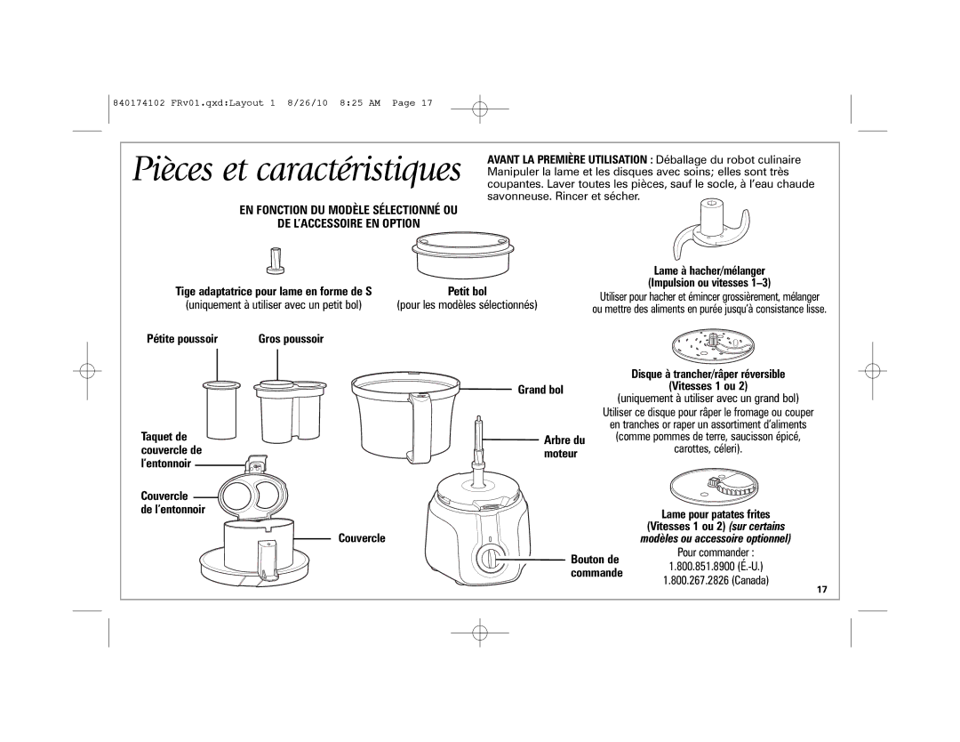 Hamilton Beach 70570, 70579 manual Pièces et caractéristiques, DE L’ACCESSOIRE EN Option 