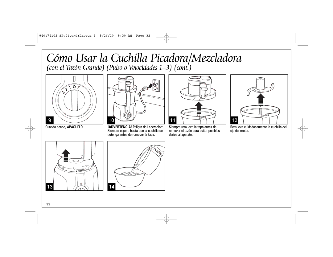 Hamilton Beach 70579, 70570 manual Cómo Usar la Cuchilla Picadora/Mezcladora, Con el Tazón Grande Pulso o Velocidades 1-3 