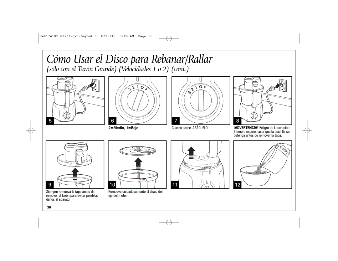 Hamilton Beach 70579, 70570 manual Cómo Usar el Disco para Rebanar/Rallar, Sólo con el Tazón Grande Velocidades 1 o 2 