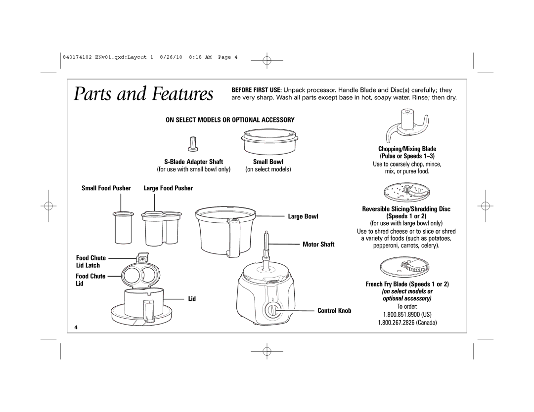 Hamilton Beach 70579, 70570 manual Parts and Features, On Select Models or Optional Accessory 