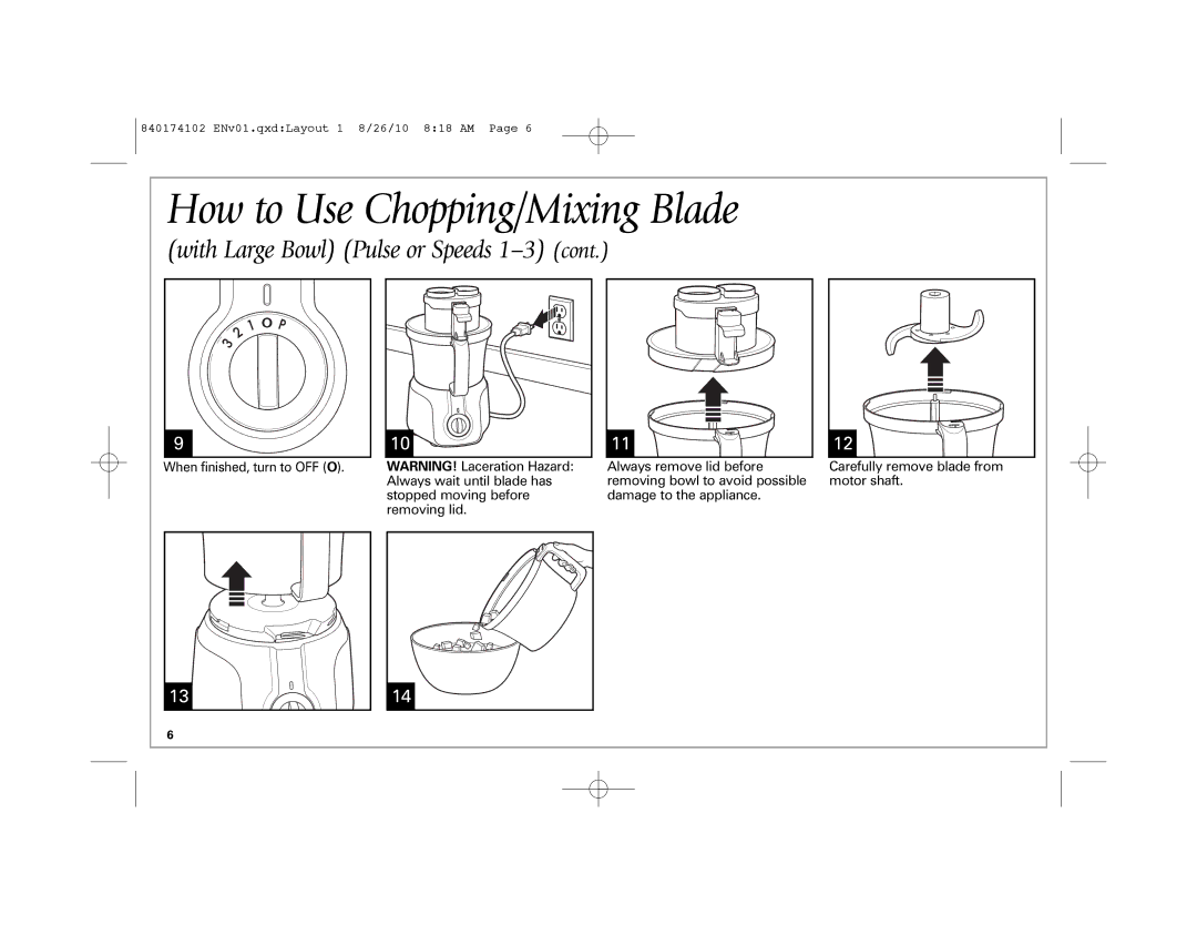 Hamilton Beach 70579, 70570 manual How to Use Chopping/Mixing Blade, With Large Bowl Pulse or Speeds 1-3 