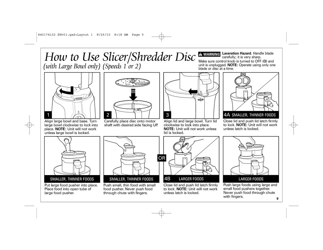 Hamilton Beach 70570, 70579 manual How to Use Slicer/Shredder Disc, With Large Bowl only Speeds 1 or 