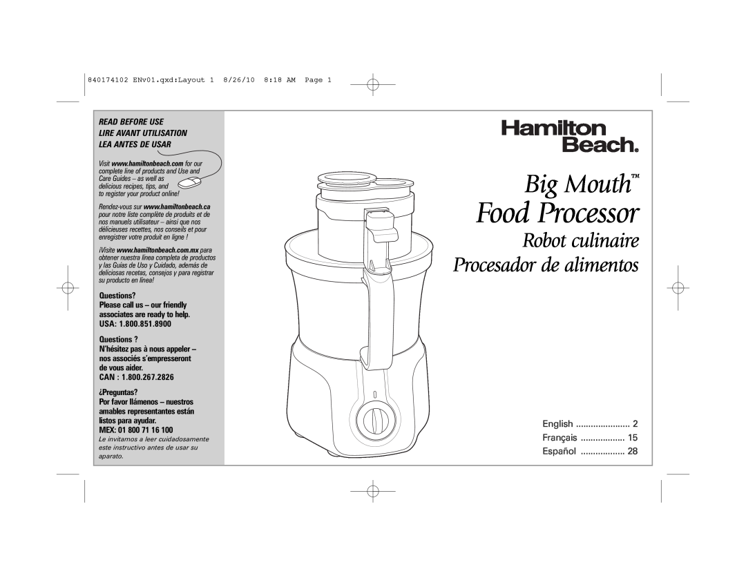 Hamilton Beach 70570 manual Big Mouth, Robot culinaire Procesador de alimentos, Food Processor, Read Before Use, English 