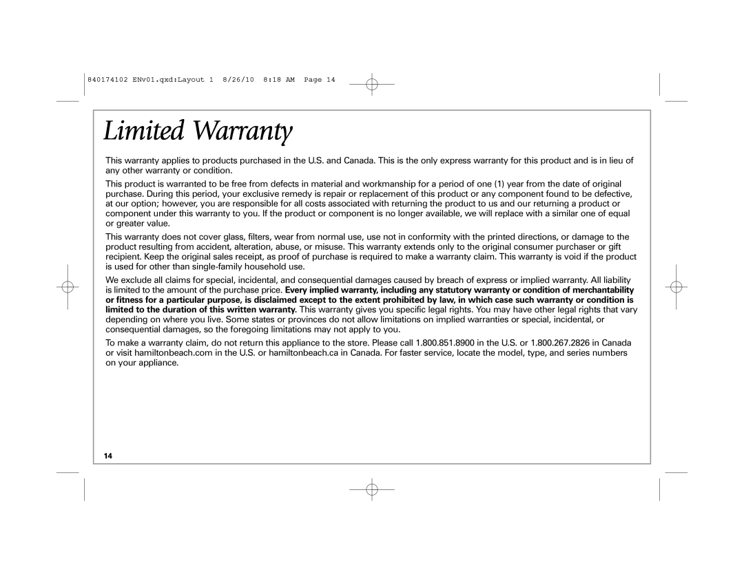 Hamilton Beach 70579, 70570 manual Limited Warranty 
