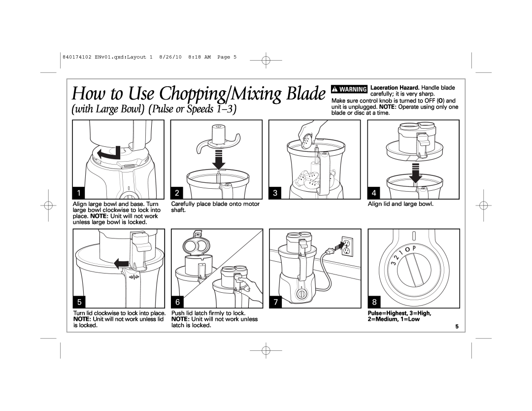 Hamilton Beach 70570, 70579 manual How to Use Chopping/Mixing Blade, with Large Bowl Pulse or Speeds 