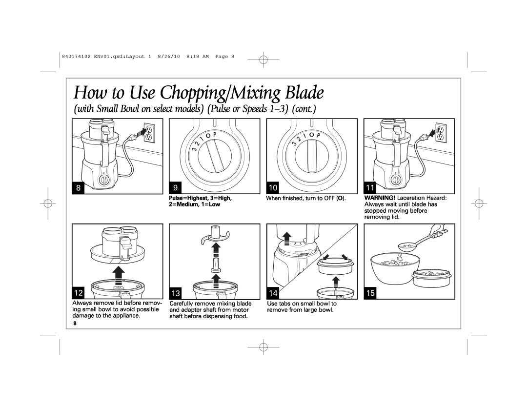 Hamilton Beach 70579, 70570 How to Use Chopping/Mixing Blade, with Small Bowl on select models Pulse or Speeds 1-3 cont 