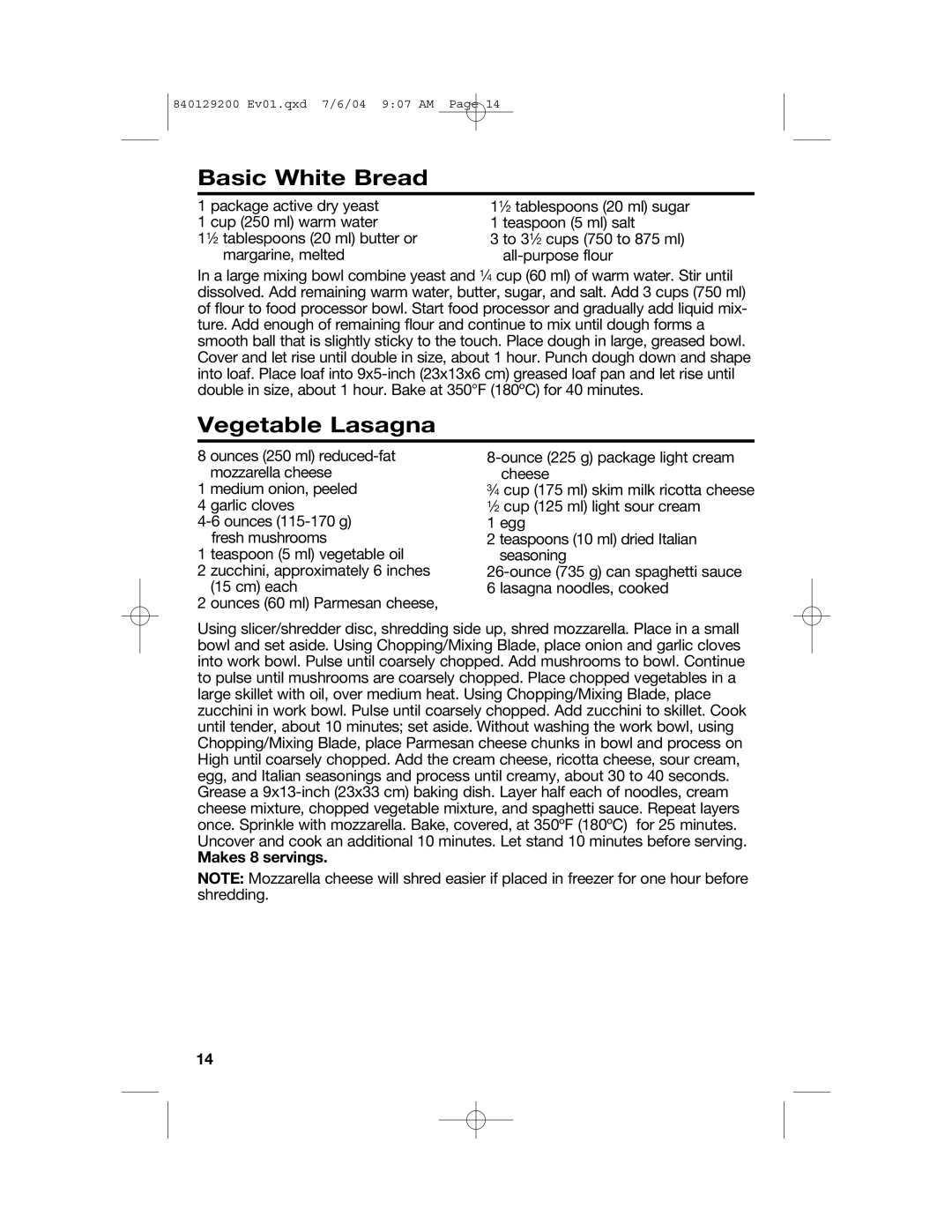 Hamilton Beach 70590C manual Basic White Bread, Vegetable Lasagna, Makes 8 servings 