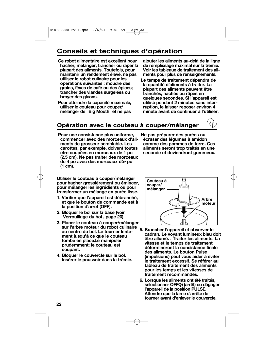 Hamilton Beach 70590C manual Conseils et techniques d’opération, Opération avec le couteau à couper/mélanger 