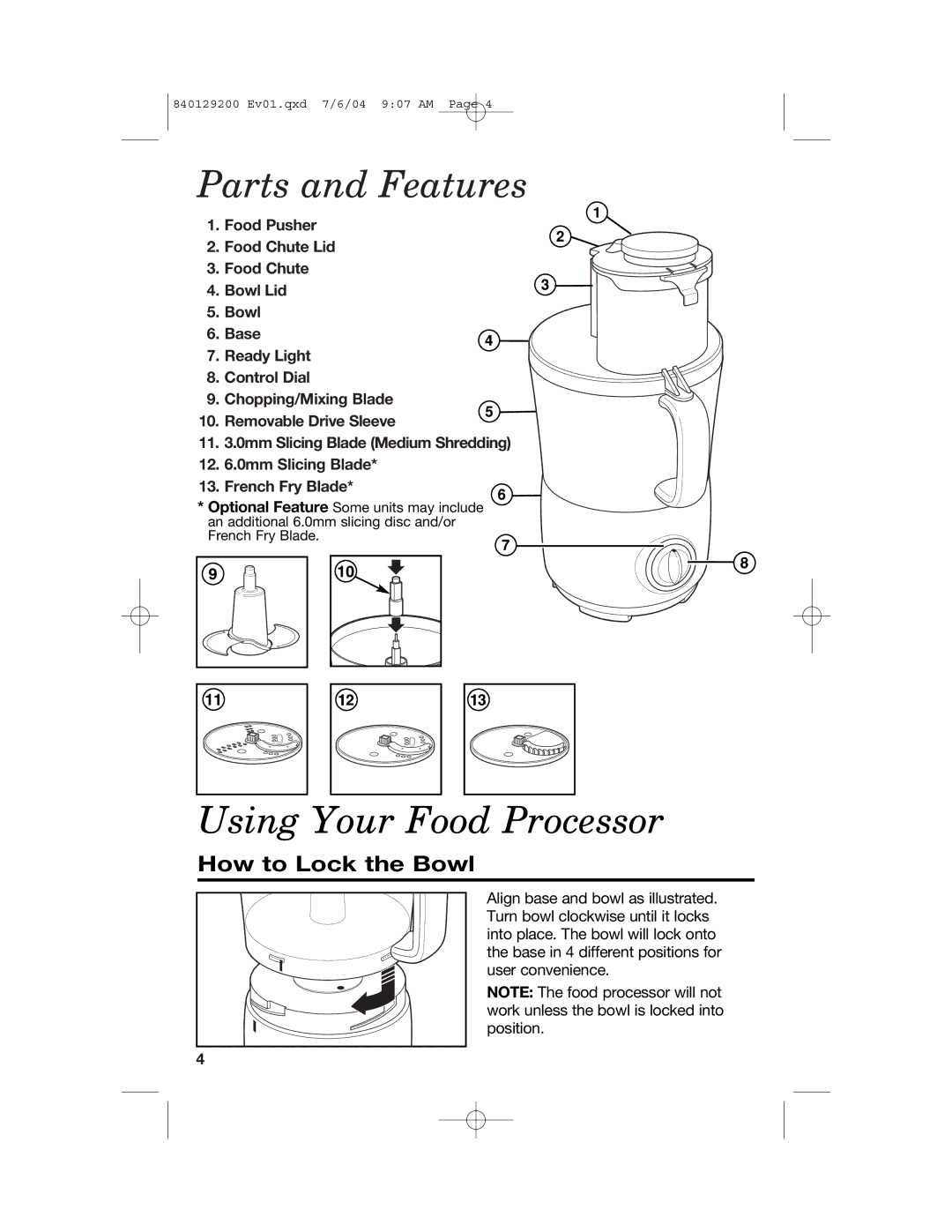 Hamilton Beach 70590C manual Parts and Features, Using Your Food Processor, How to Lock the Bowl 