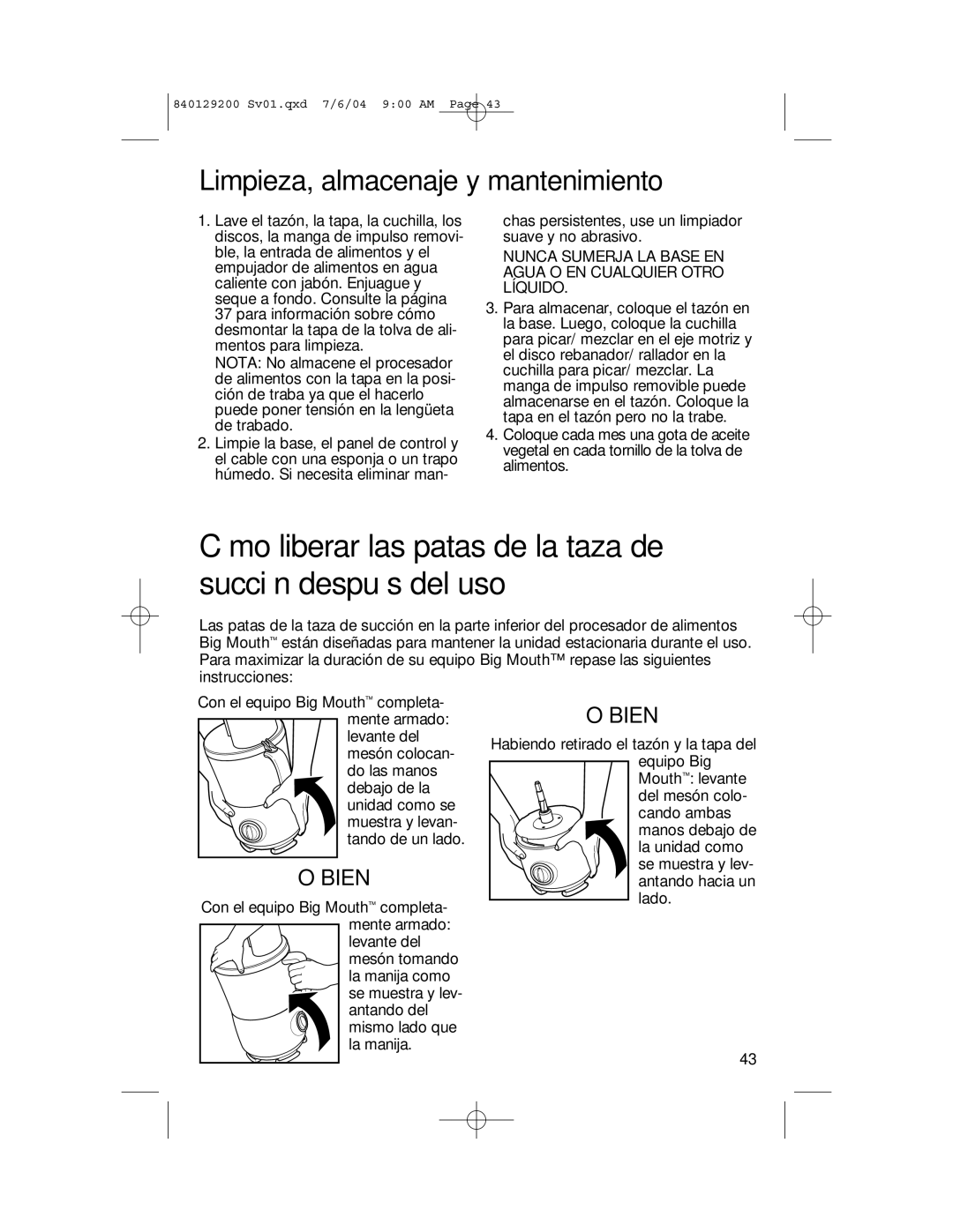 Hamilton Beach 70590C manual Cómo liberar las patas de la taza de succión después del uso 