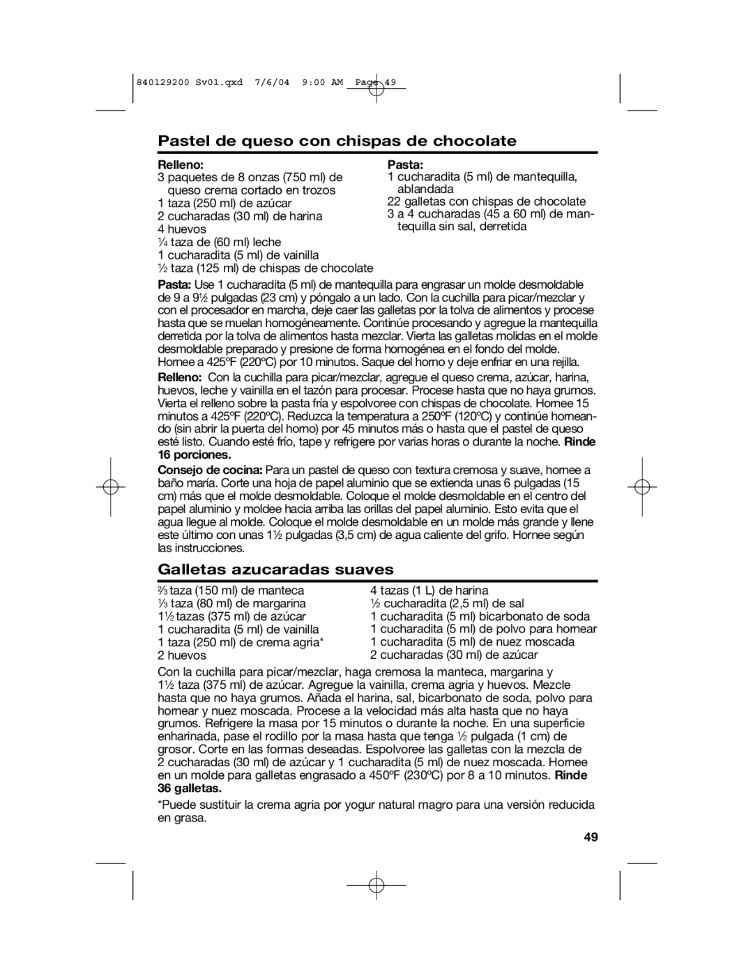 Hamilton Beach 70590C manual Pastel de queso con chispas de chocolate, Galletas azucaradas suaves, Relleno, Pasta 