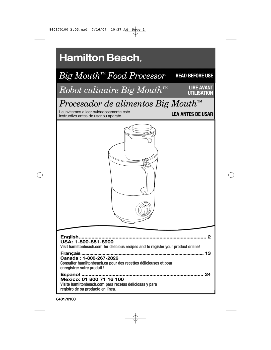 Hamilton Beach 70590H, 70595H, 70590CR manual Robot culinaire Big Mouth, 840170100 