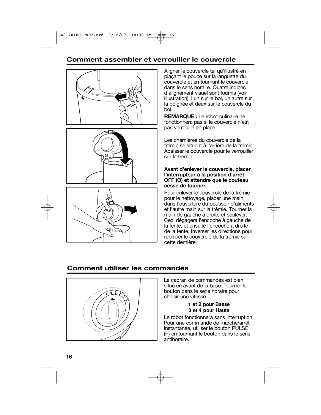 Hamilton Beach 70595H, 70590H, 70590CR manual Comment assembler et verrouiller le couvercle, Comment utiliser les commandes 