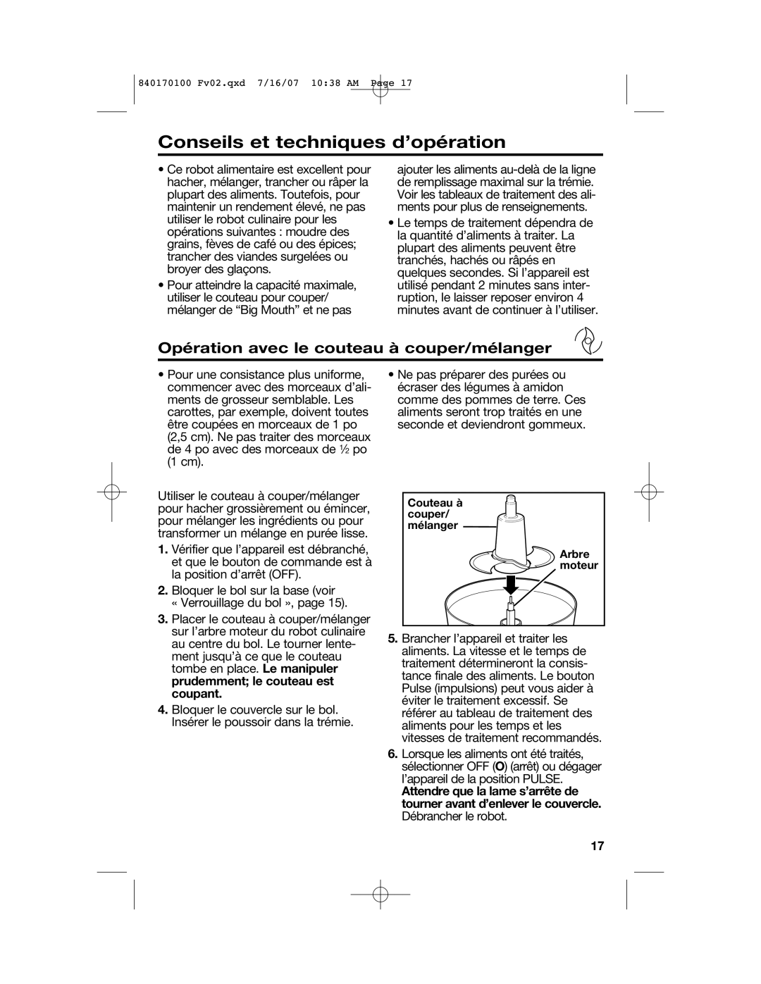 Hamilton Beach 70590H, 70595H, 70590CR manual Conseils et techniques d’opération, Opération avec le couteau à couper/mélanger 