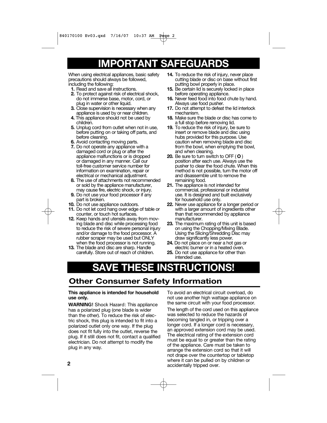 Hamilton Beach 70590CR, 70595H, 70590H Other Consumer Safety Information, This appliance is intended for household use only 