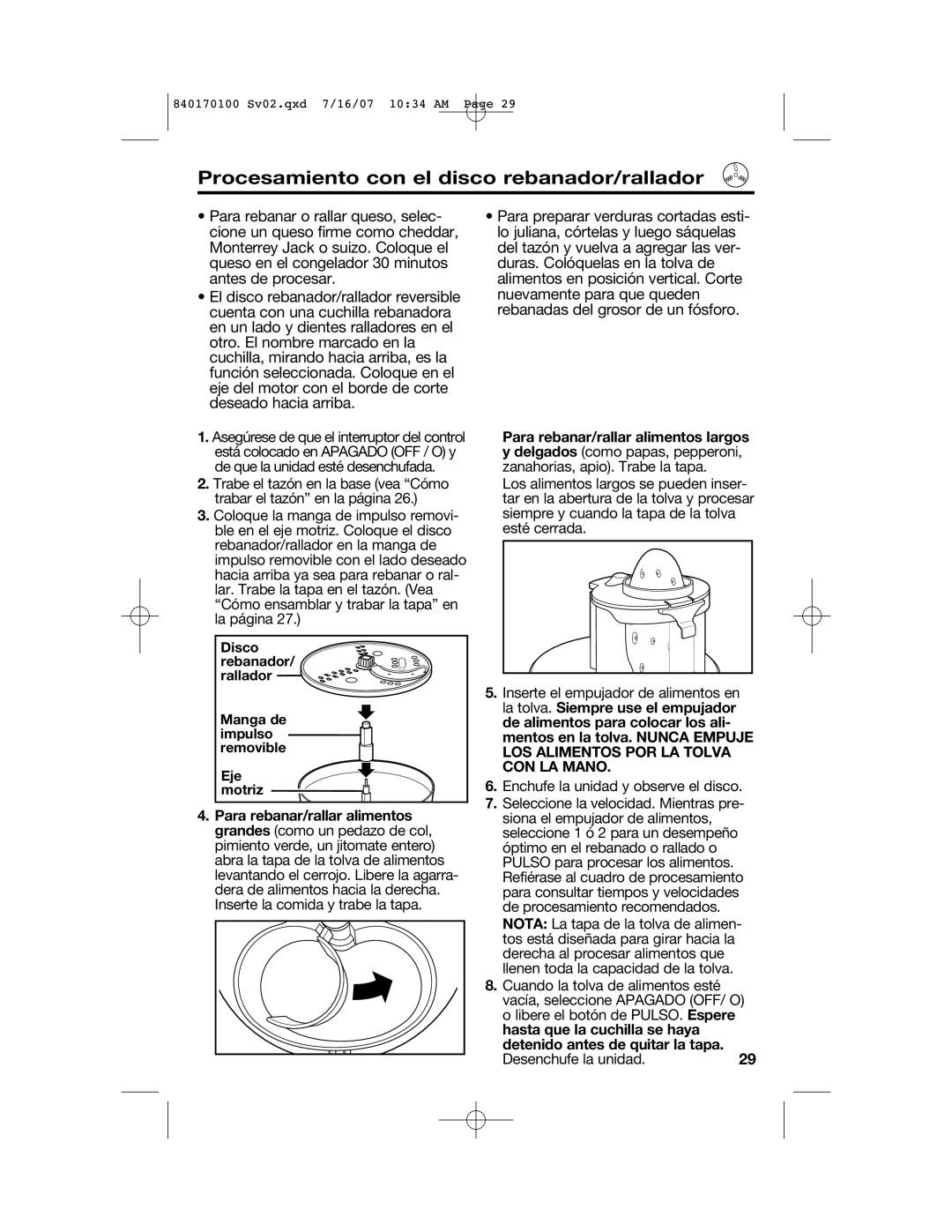 Hamilton Beach 70590H, 70595H, 70590CR, 840170100 manual Procesamiento con el disco rebanador/rallador 