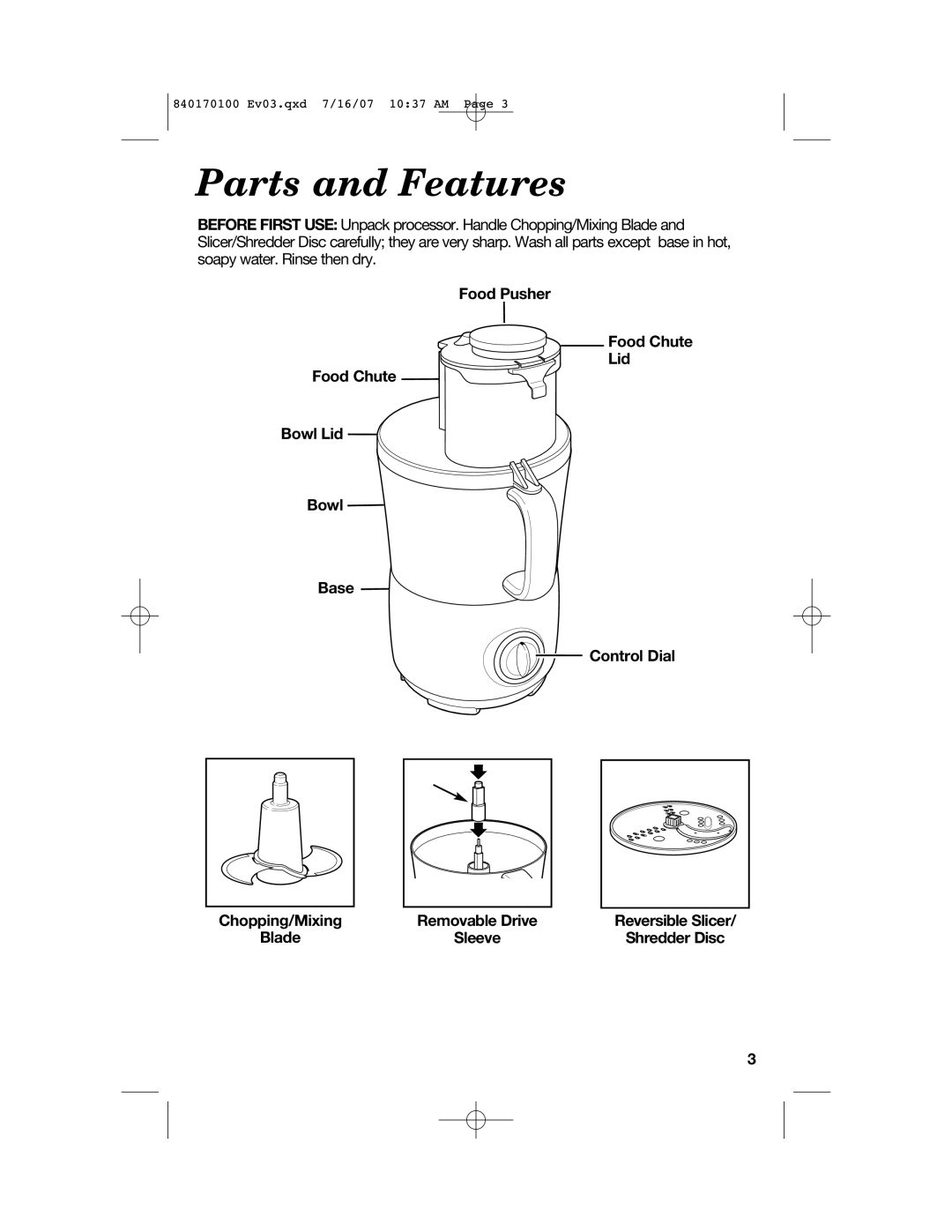 Hamilton Beach 840170100, 70595H, 70590H, 70590CR Parts and Features, Food Pusher Food Chute Lid Bowl Lid Base Control Dial 