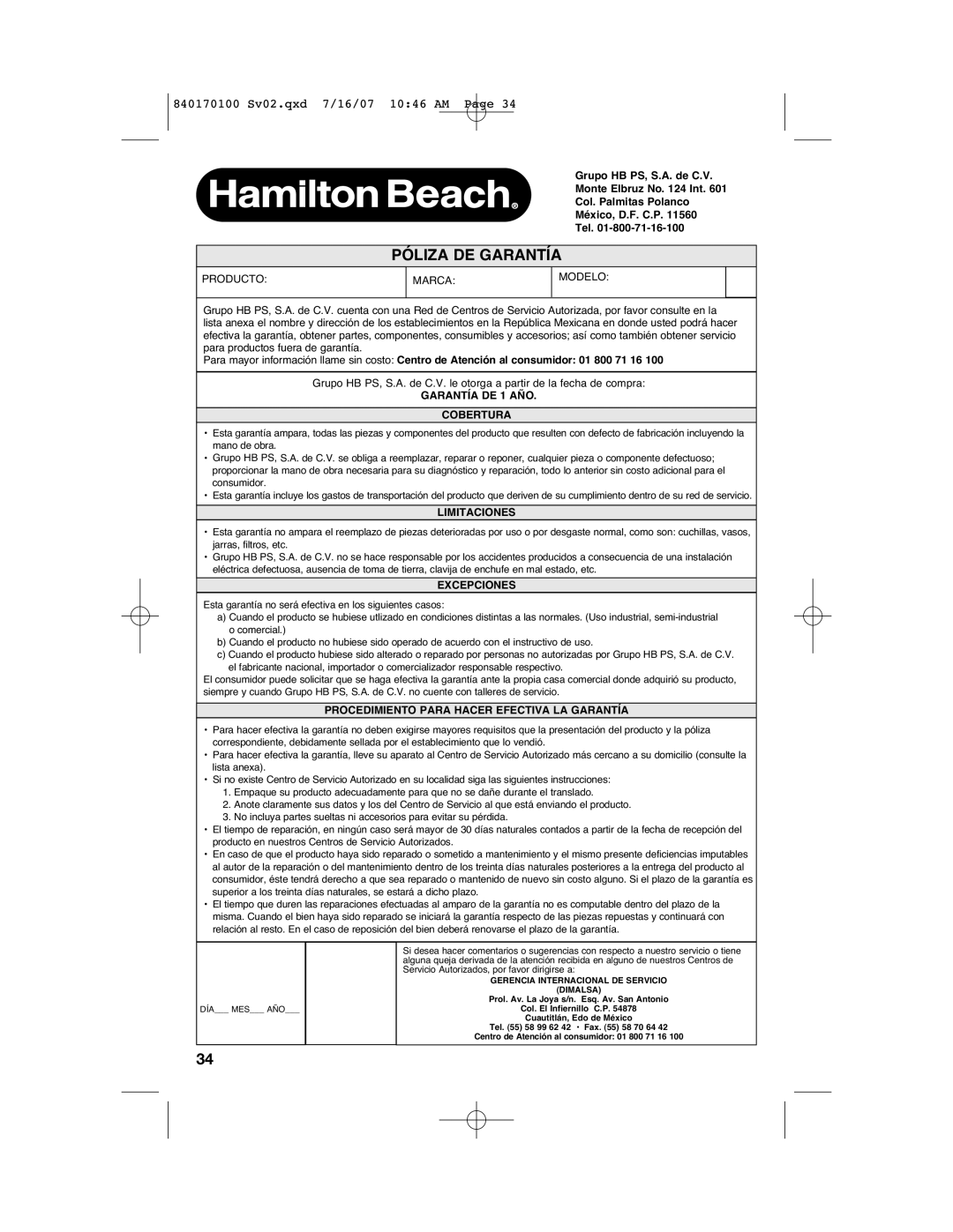 Hamilton Beach 70590CR, 70595H, 70590H, 840170100 manual Póliza DE Garantía 