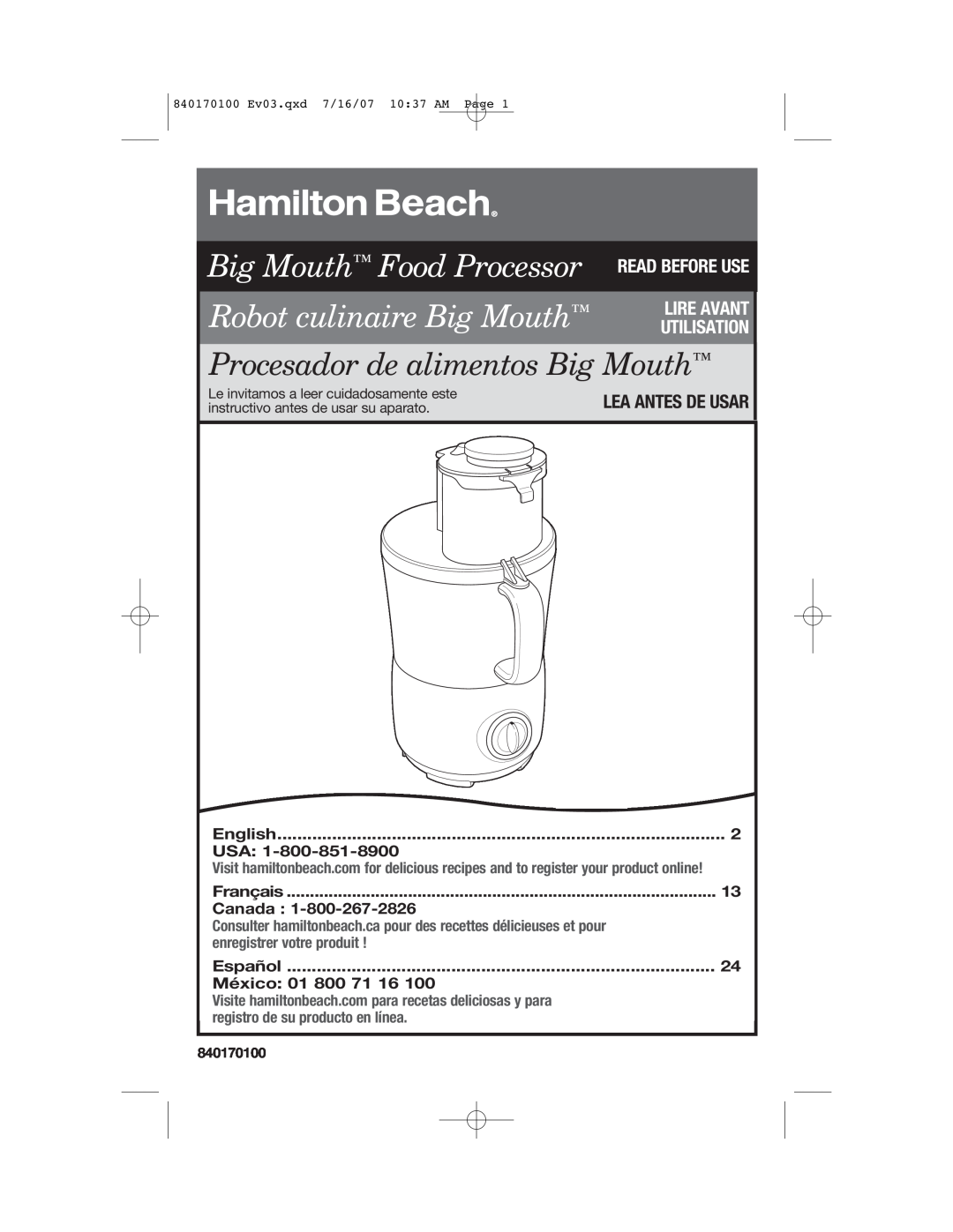 Hamilton Beach 70590H manual Lea Antes De Usar, English, Français, Canada, Español, México 01, Big Mouth Food Processor 