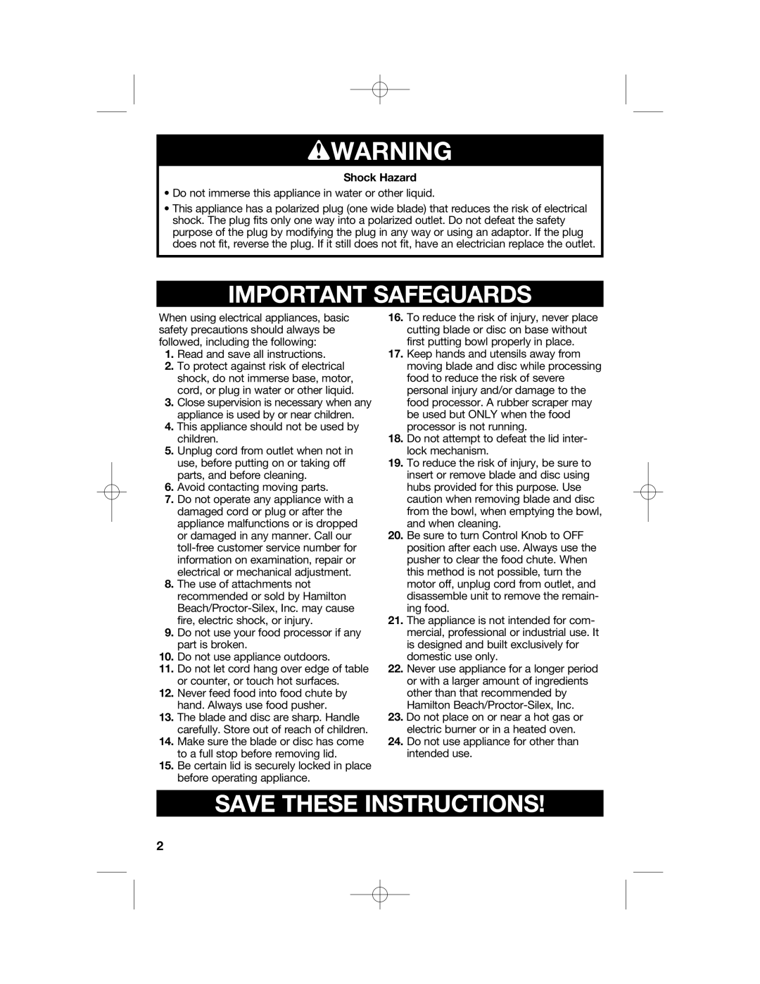 Hamilton Beach 70610, 70670 manual Wwarning, Shock Hazard 