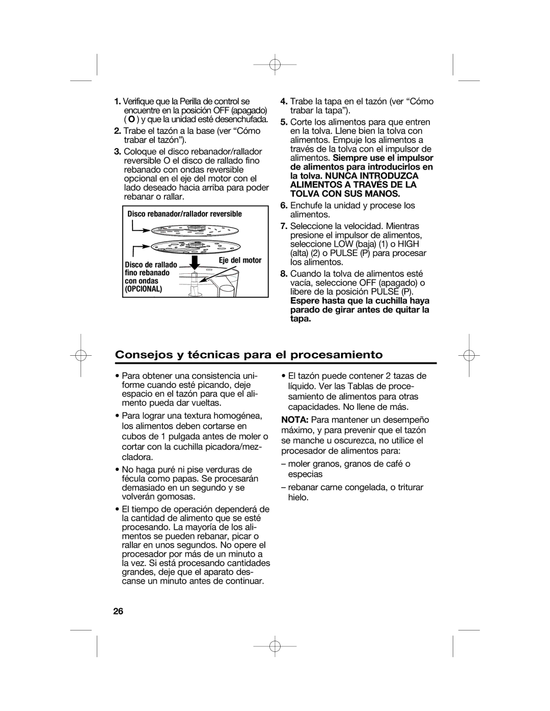 Hamilton Beach 70610 manual Consejos y técnicas para el procesamiento, Disco rebanador/rallador reversible Disco de rallado 