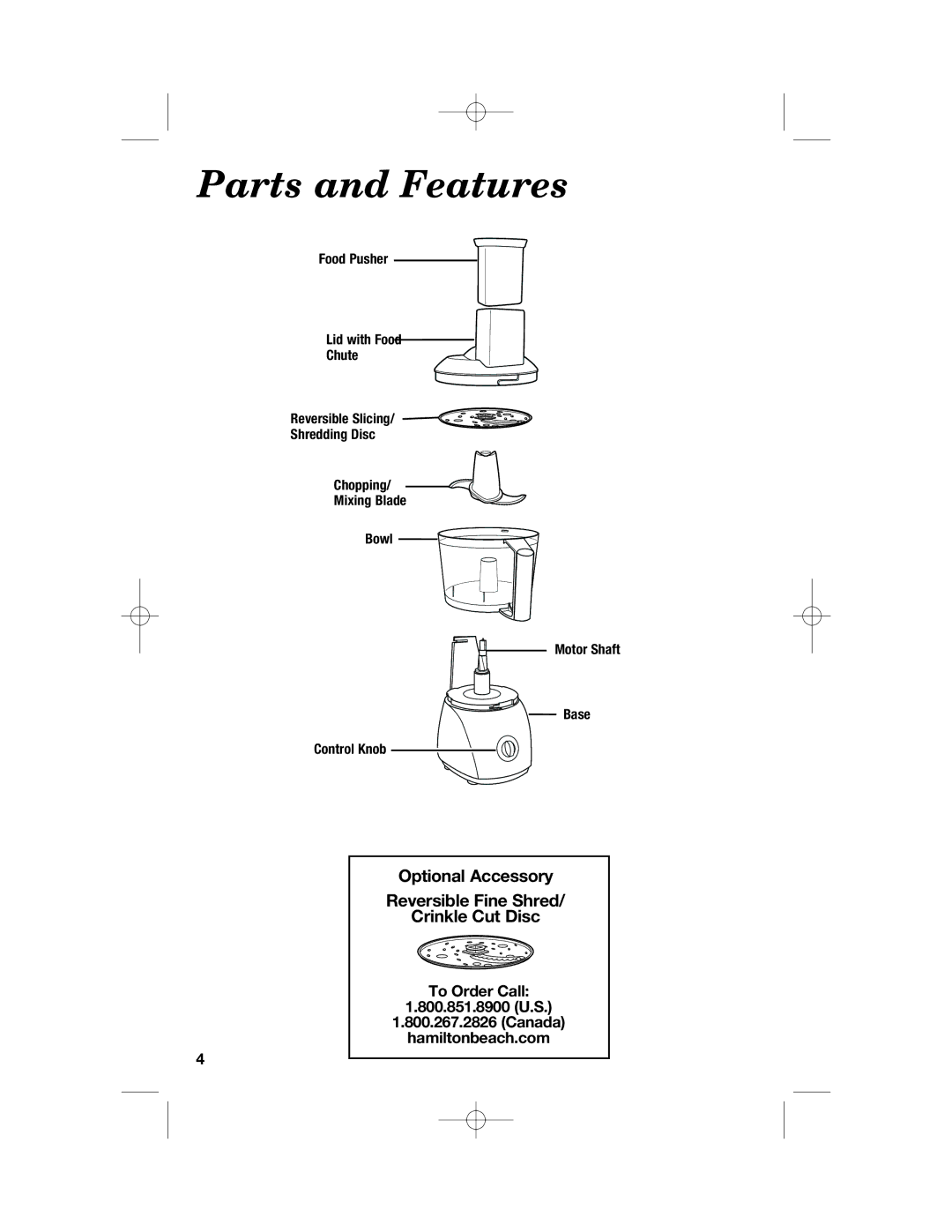 Hamilton Beach 70610, 70670 manual Parts and Features, To Order Call 800.851.8900 U.S Canada Hamiltonbeach.com 