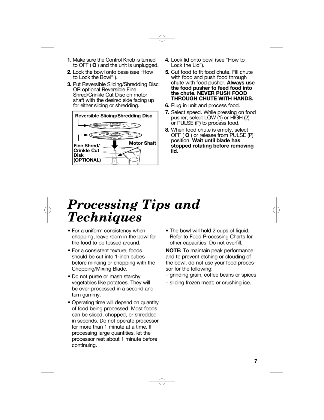 Hamilton Beach 70670, 70610 manual Processing Tips and Techniques, Through Chute with Hands 