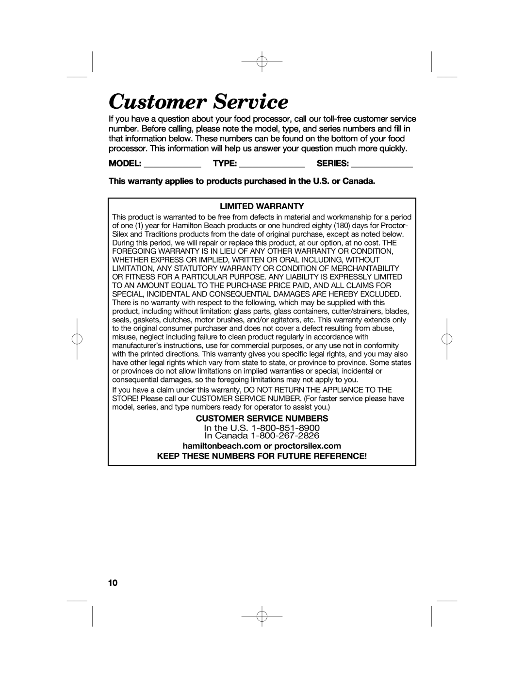 Hamilton Beach 70610, 70670 manual Model Type Series, Limited Warranty, Customer Service Numbers 