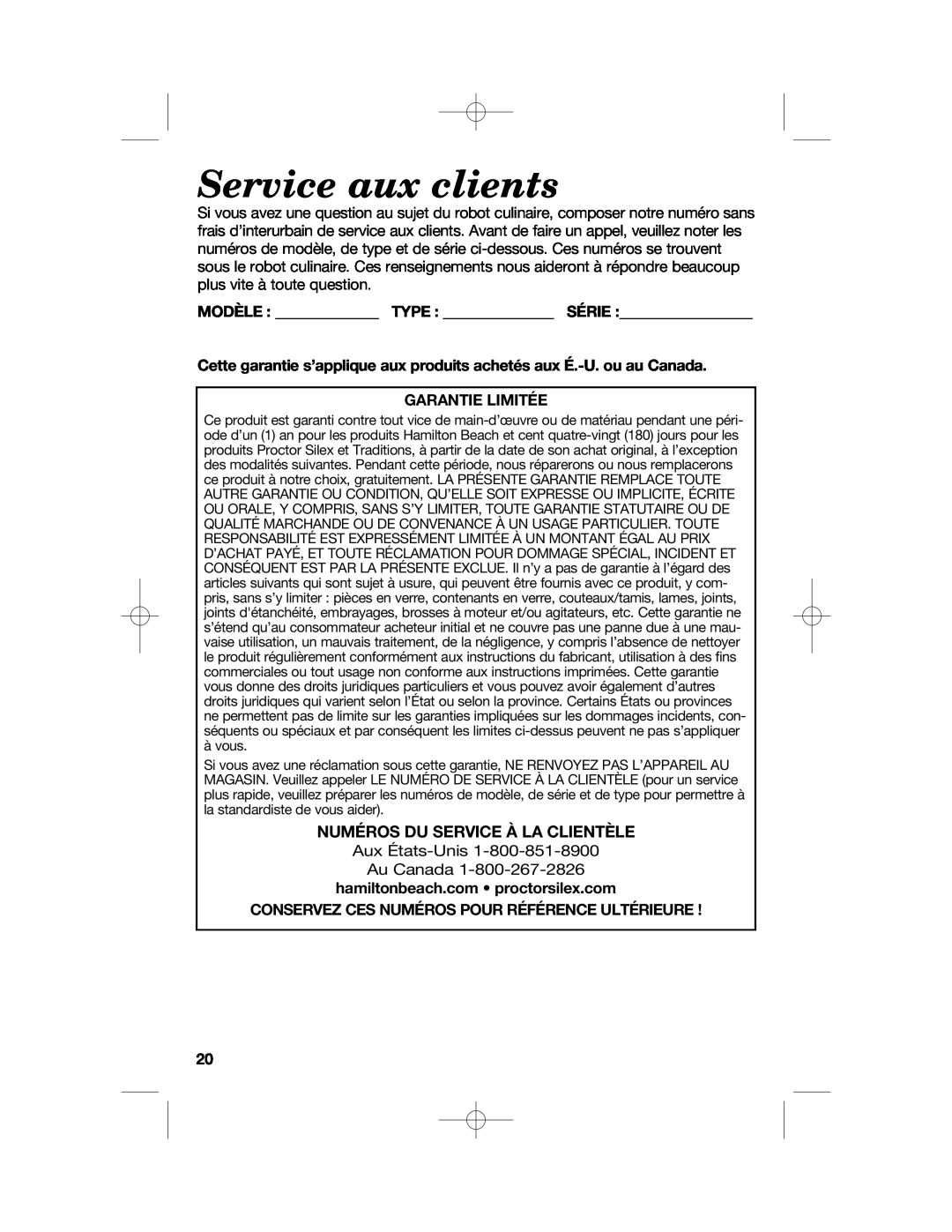 Hamilton Beach 70610, 70670 manual Service aux clients, Numéros Du Service À La Clientèle 
