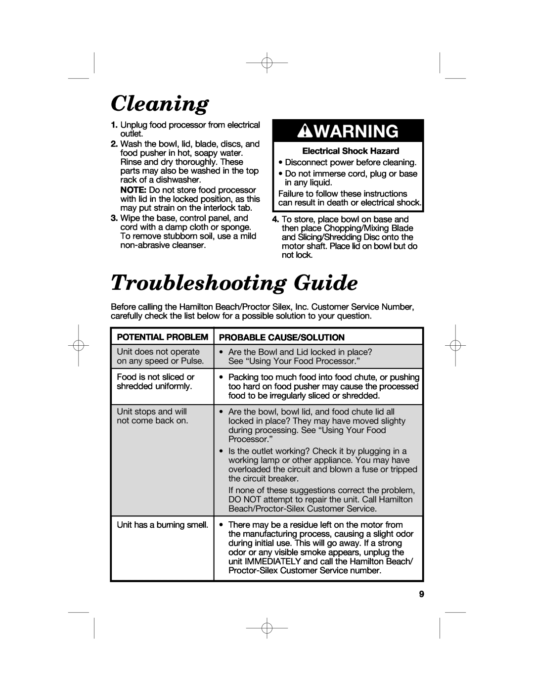 Hamilton Beach 70670, 70610 manual Cleaning, Troubleshooting Guide, wWARNING, Electrical Shock Hazard, Potential Problem 