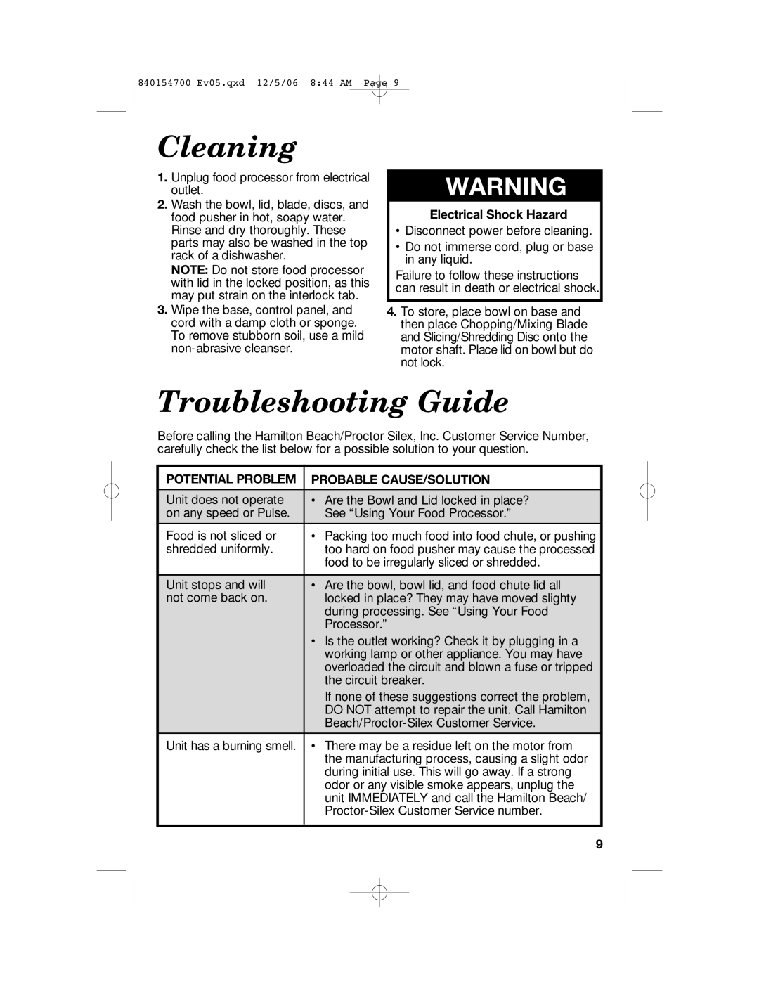 Hamilton Beach 70610C Cleaning, Troubleshooting Guide, Electrical Shock Hazard, Potential Problem Probable CAUSE/SOLUTION 