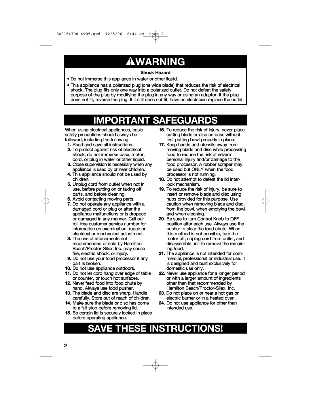 Hamilton Beach 70610C manual wWARNING, Important Safeguards, Save These Instructions, Shock Hazard 