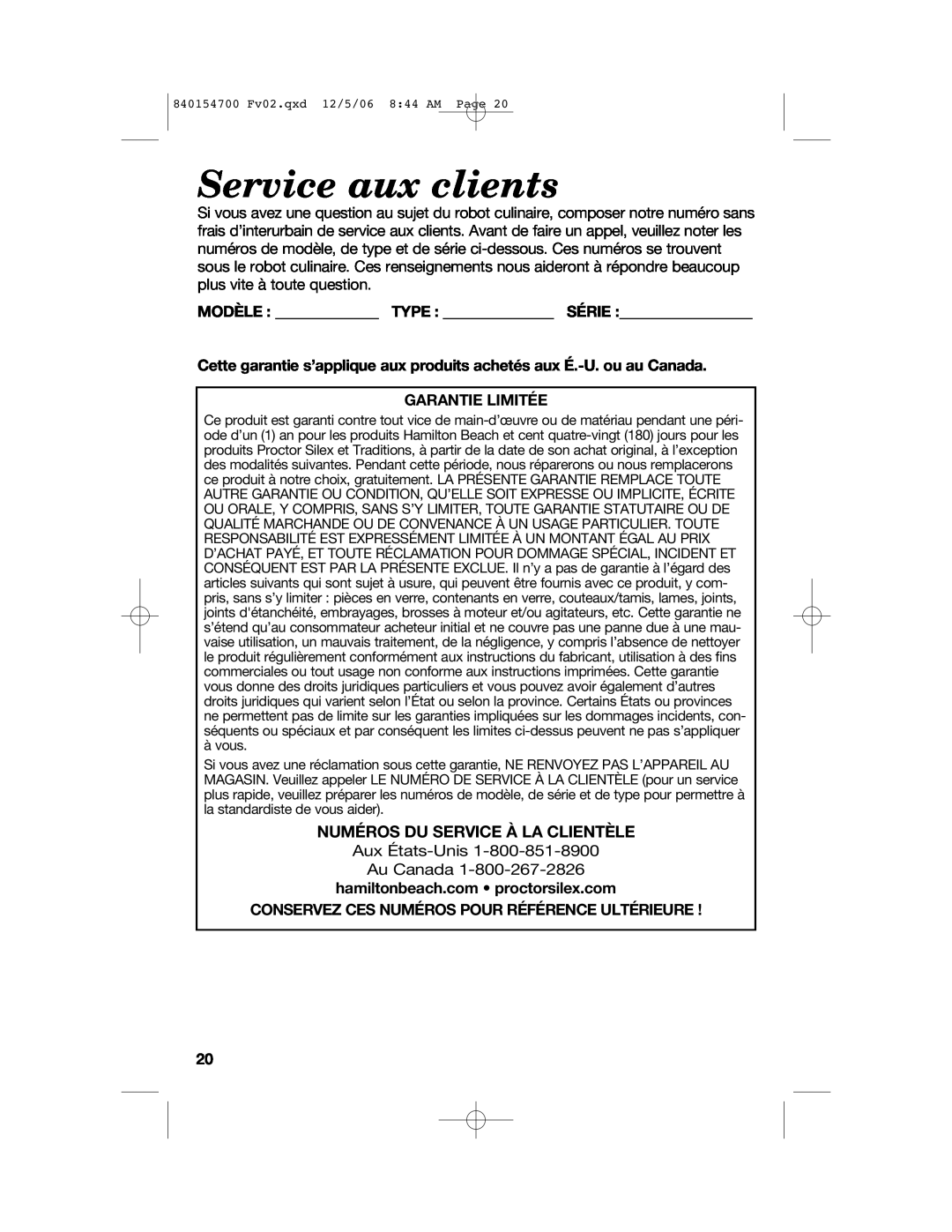 Hamilton Beach 70610C manual Service aux clients, Numéros Du Service À La Clientèle 