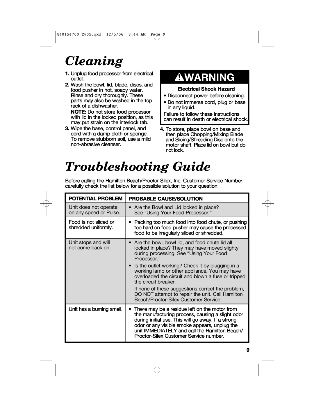 Hamilton Beach 70610C manual Cleaning, Troubleshooting Guide, wWARNING, Electrical Shock Hazard, Potential Problem 