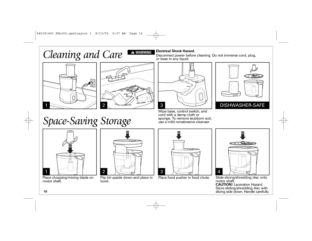 Hamilton Beach 70760 manual Cleaning and Care, Space-Saving Storage, Electrical Shock Hazard, Or base in any liquid 