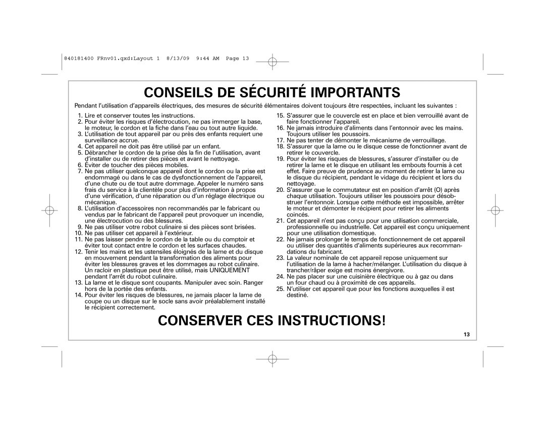 Hamilton Beach 70760 manual Conseils DE Sécurité Importants 