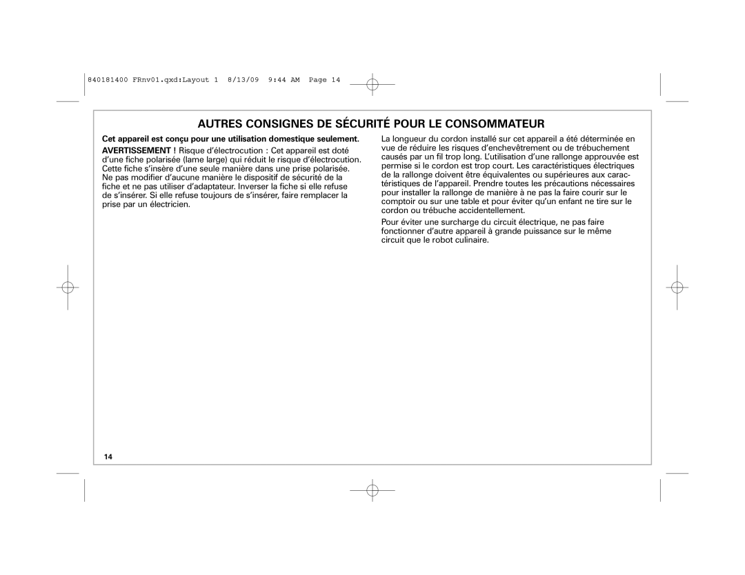 Hamilton Beach 70760 manual Autres Consignes DE Sécurité Pour LE Consommateur 