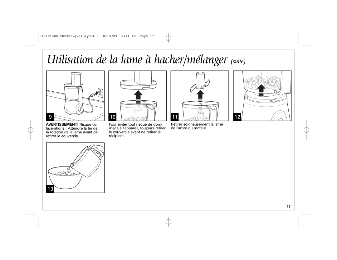 Hamilton Beach 70760 manual Utilisation de la lame à hacher/mélanger suite 