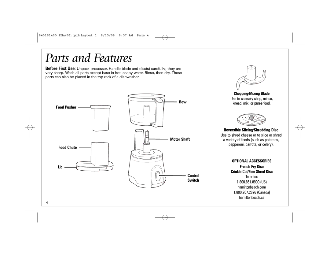 Hamilton Beach 70760 manual Parts and Features, Optional Accessories 