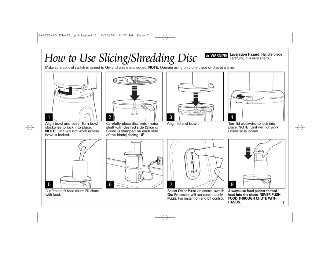 Hamilton Beach 70760 manual How to Use Slicing/Shredding Disc 