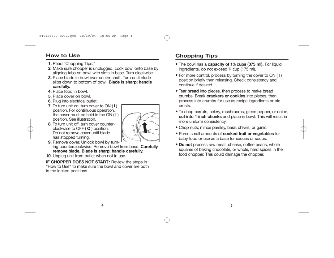 Hamilton Beach 72500R manual How to Use, Chopping Tips 